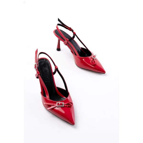 İNF-2300 Kırmızı Rugan Günlük Arkası Açık Fiyonklu Topuklu Bayan Ayakkabı