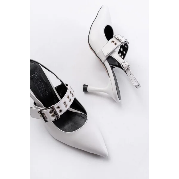 İNF-260 Beyaz Günlük Arkası Açık Baret Tokalı Topuklu Bayan Ayakkabı