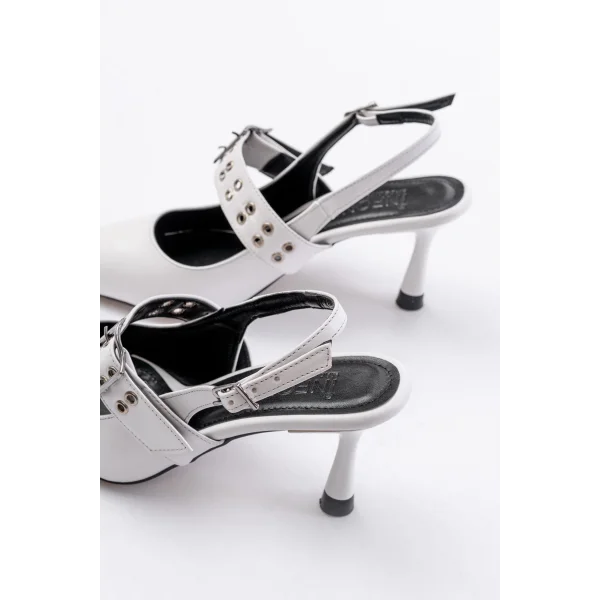 İNF-260 Beyaz Günlük Arkası Açık Baret Tokalı Topuklu Bayan Ayakkabı