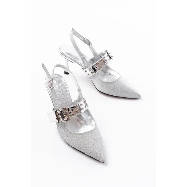 İNF-260 Gümüş Simli Günlük Arkası Açık Baret Tokalı Topuklu Bayan Ayakkabı