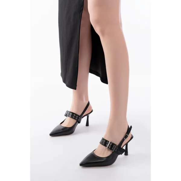 İNF-260 Siyah Günlük Arkası Açık Baret Tokalı Topuklu Bayan Ayakkabı