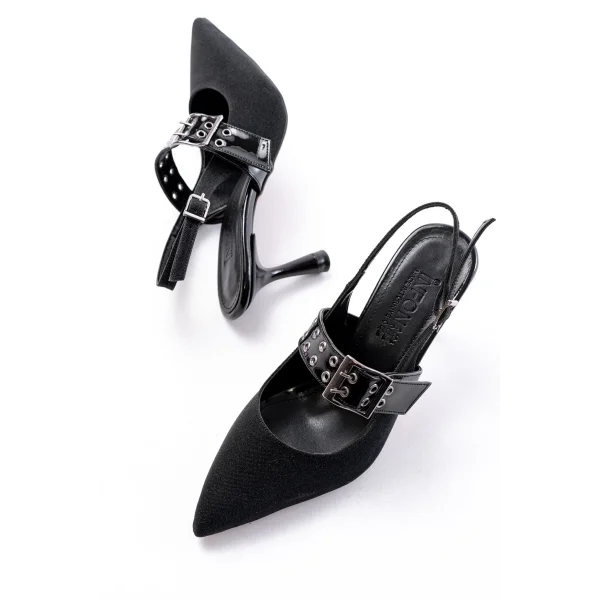 İNF-260 Siyah Simli Günlük Arkası Açık Baret Tokalı Topuklu Bayan Ayakkabı