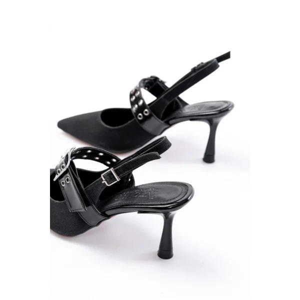 İNF-260 Siyah Simli Günlük Arkası Açık Baret Tokalı Topuklu Bayan Ayakkabı