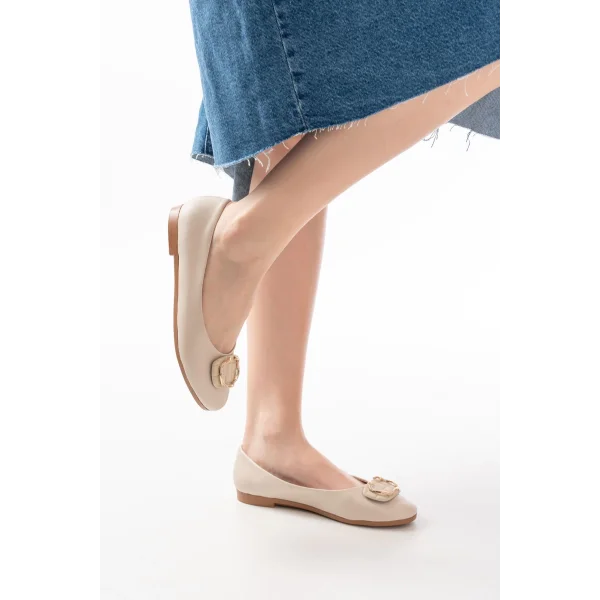 İNF-325 Bej Tokalı Aksesuarlı Günlük Kadın Babet