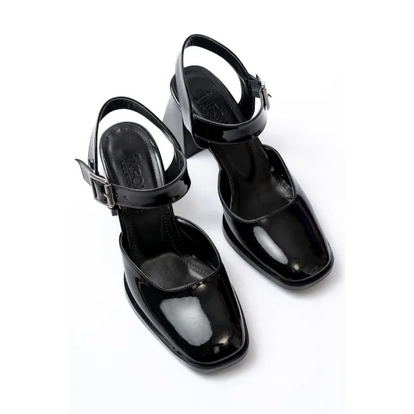 İNF-40450 Siyah Rugan Günlük Arkası Açık Topuklu Bayan Ayakkabı