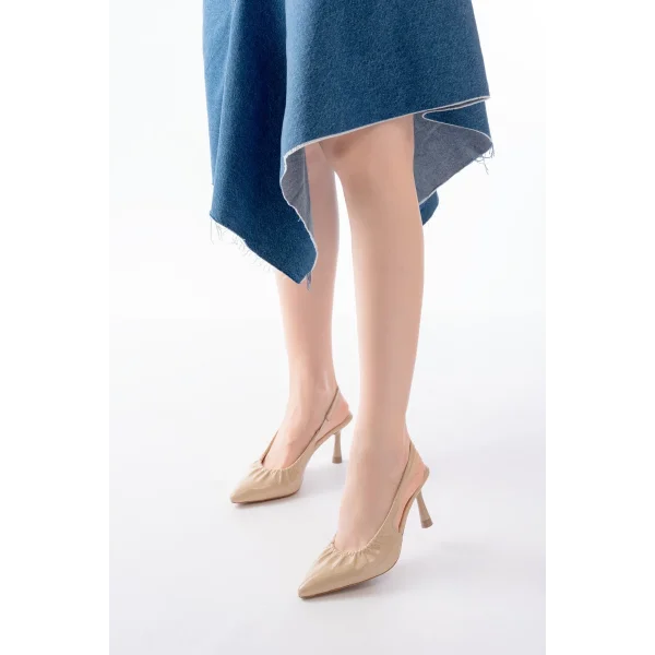 İNF-40451 Bej Kırışık Rugan Günlük Arkası Açık Topuklu Bayan Ayakkabı