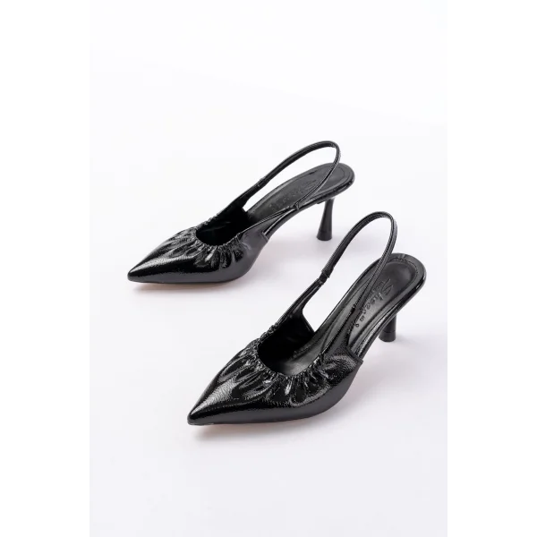 İNF-40451 Siyah Kırışık Rugan Günlük Arkası Açık Topuklu Bayan Ayakkabı