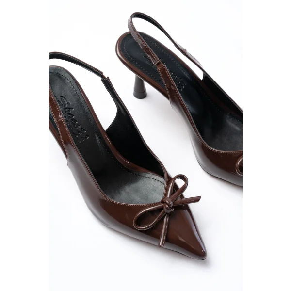 İNF-4500 Kahve Rugan Günlük Arkası Açık Fiyonklu Topuklu Bayan Ayakkabı