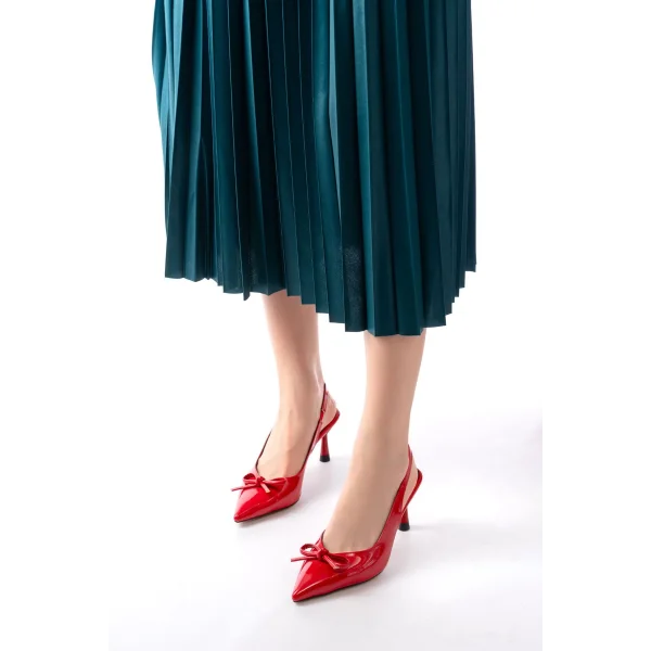 İNF-4500 Kırmızı Rugan Günlük Arkası Açık Fiyonklu Topuklu Bayan Ayakkabı