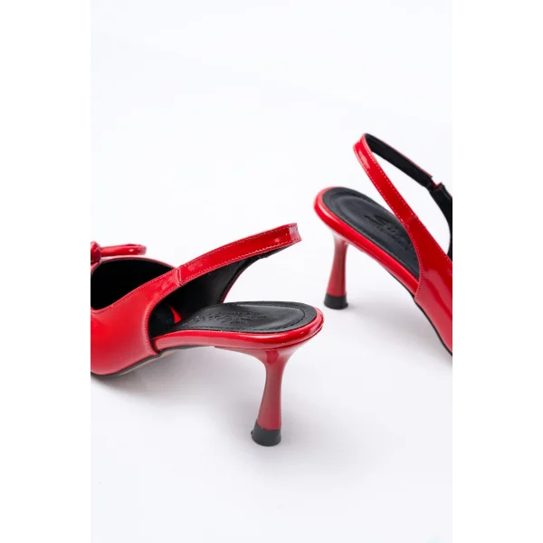 İNF-4500 Kırmızı Rugan Günlük Arkası Açık Fiyonklu Topuklu Bayan Ayakkabı
