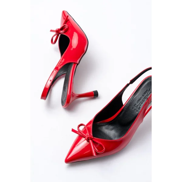 İNF-4500 Kırmızı Rugan Günlük Arkası Açık Fiyonklu Topuklu Bayan Ayakkabı