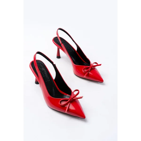 İNF-4500 Kırmızı Rugan Günlük Arkası Açık Fiyonklu Topuklu Bayan Ayakkabı