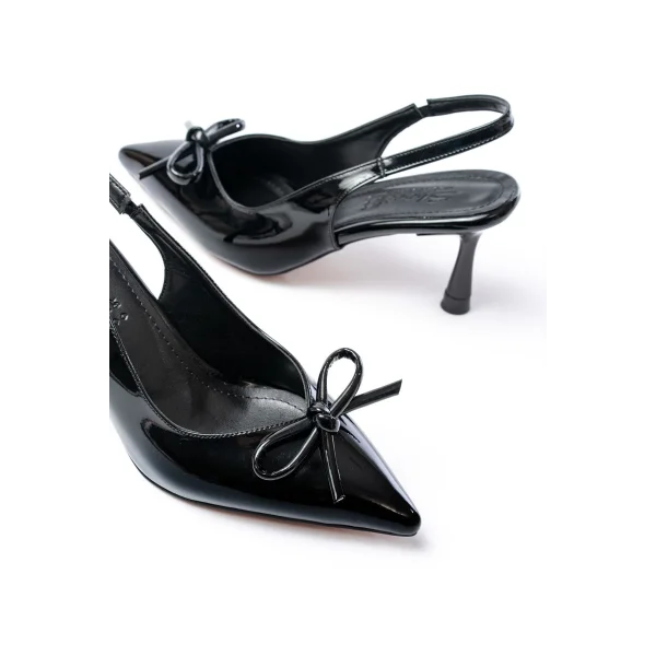 İNF-4500 Siyah Rugan Günlük Arkası Açık Fiyonklu Topuklu Bayan Ayakkabı