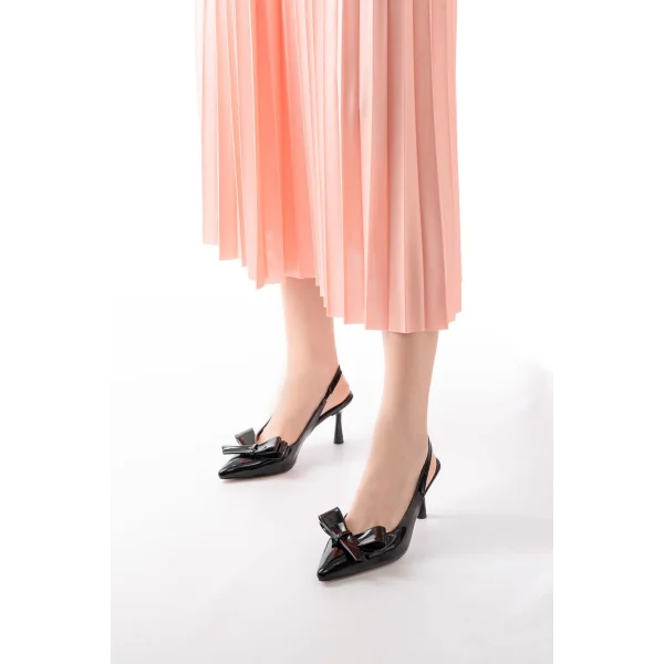 İNF-4501 Siyah Rugan Günlük Arkası Açık Fiyonklu Topuklu Bayan Ayakkabı