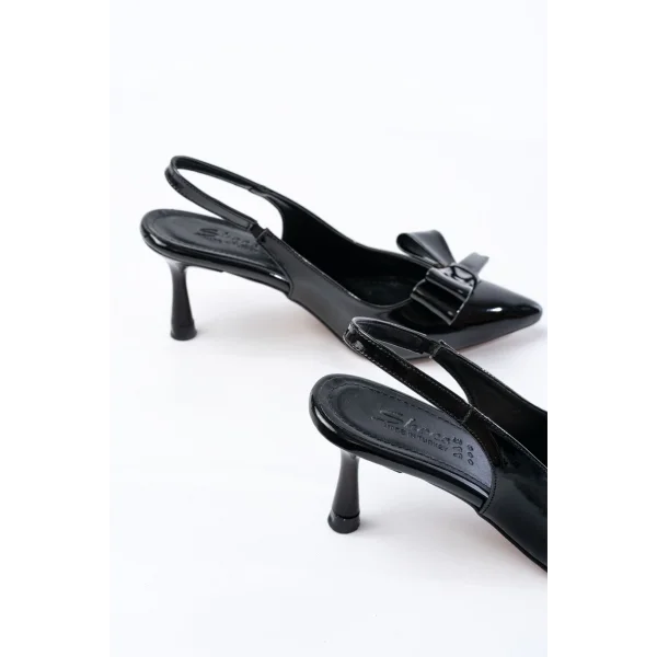 İNF-4501 Siyah Rugan Günlük Arkası Açık Fiyonklu Topuklu Bayan Ayakkabı