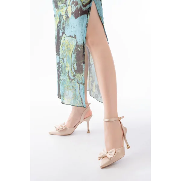 İNF-4505 Bej Saten Günlük Arkası Açık Kurdele detaylı Topuklu Bayan Ayakkabı