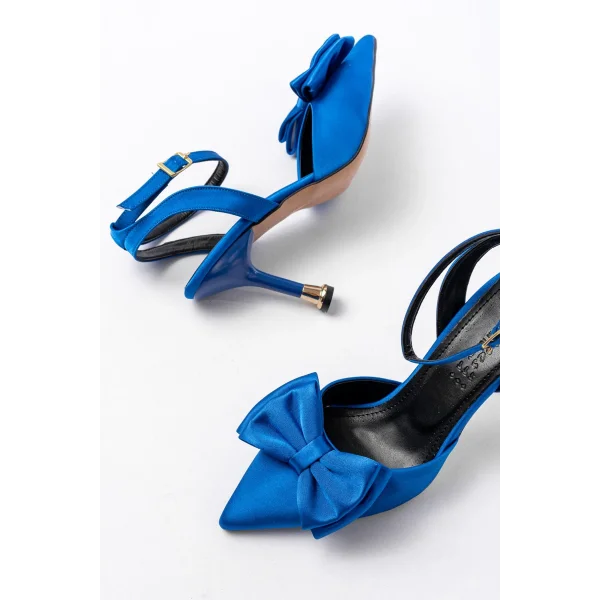 İNF-4505 Mavi Saten Günlük Arkası Açık Kurdele detaylı Topuklu Bayan Ayakkabı