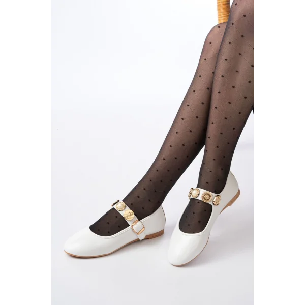 İNF-6363 Beyaz Baret Tokalı Günlük Bayan Ayakkabı