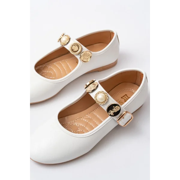 İNF-6363 Beyaz Baret Tokalı Günlük Bayan Ayakkabı