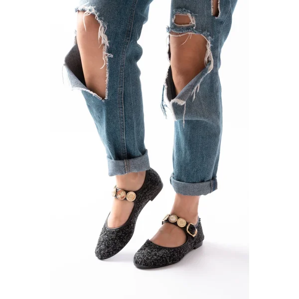 İNF-6363 Siyah Havlu Desenli Baret Tokalı Günlük Bayan Ayakkabı