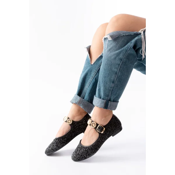 İNF-6363 Siyah Havlu Desenli Baret Tokalı Günlük Bayan Ayakkabı