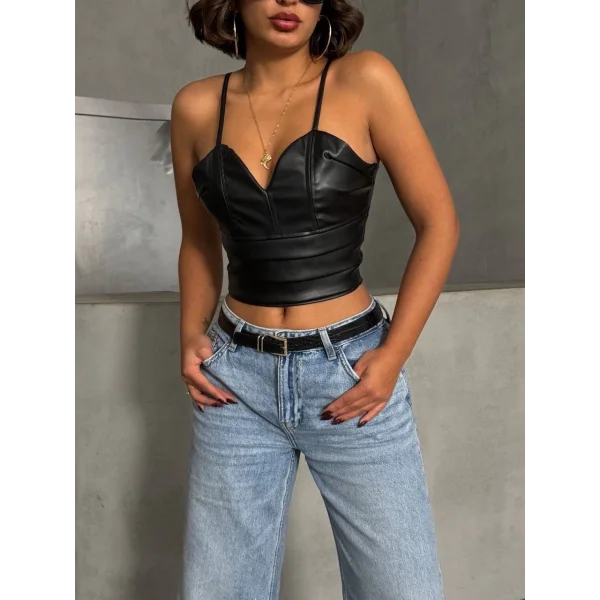 İp askılı yandan fermuarlı rastale deri crop siyah s24113