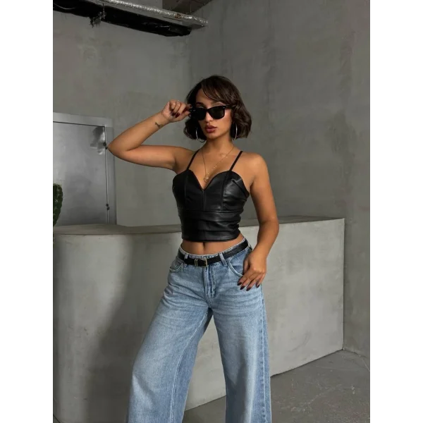 İp askılı yandan fermuarlı rastale deri crop siyah s24113