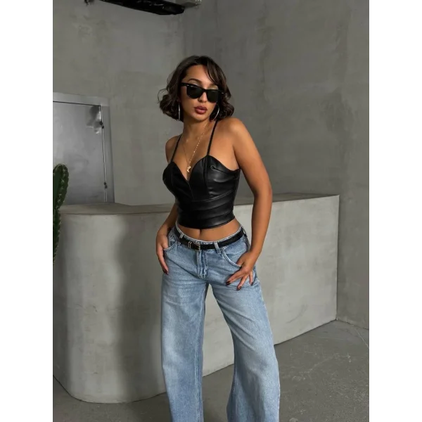 İp askılı yandan fermuarlı rastale deri crop siyah s24113