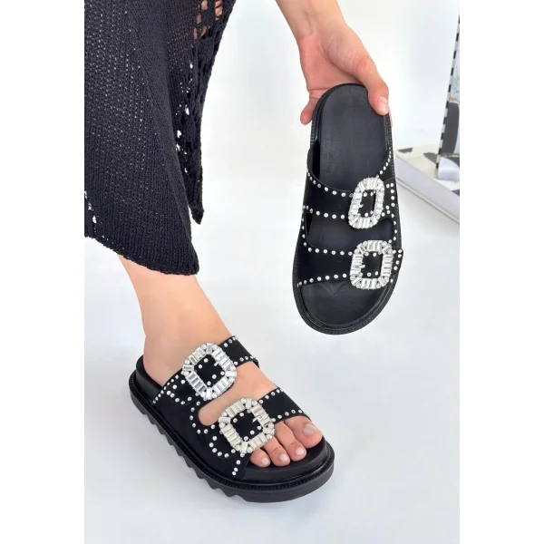 Juana Siyah Nubuk  Taşlı Terlik