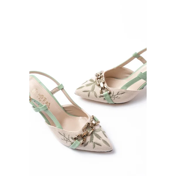 K-250 Fıstık Yeşili Keten Günlük Arkası Açık Tokalı Topuklu Kadın Ayakkabı