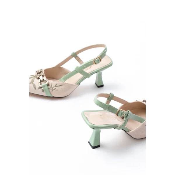 K-250 Fıstık Yeşili Keten Günlük Arkası Açık Tokalı Topuklu Kadın Ayakkabı