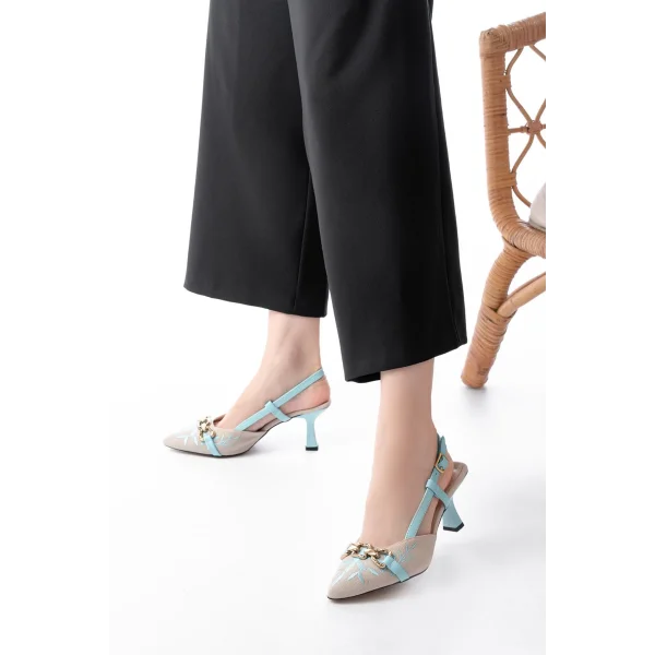 K-250 Mavi Keten Günlük Arkası Açık Tokalı Topuklu Kadın Ayakkabı