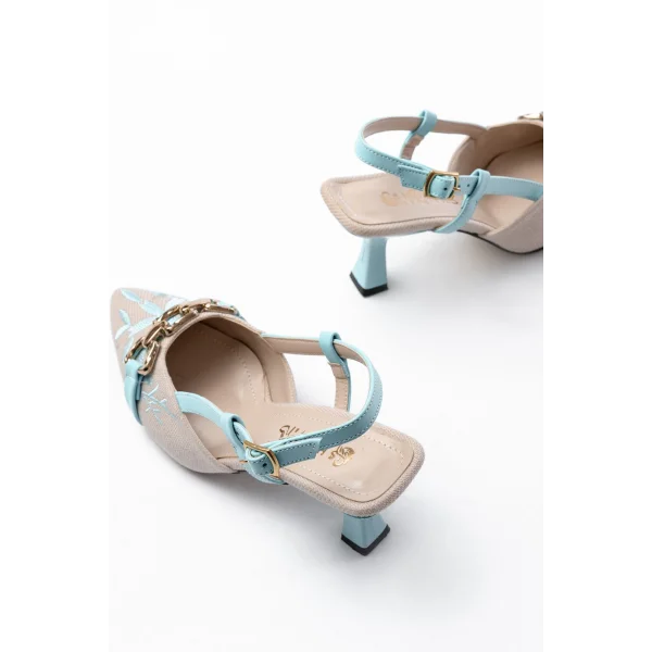 K-250 Mavi Keten Günlük Arkası Açık Tokalı Topuklu Kadın Ayakkabı