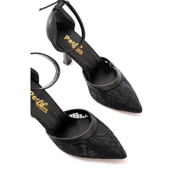 K-404 Siyah Fileli Çiçek Detaylı  Kadın Topuklu Ayakkabı