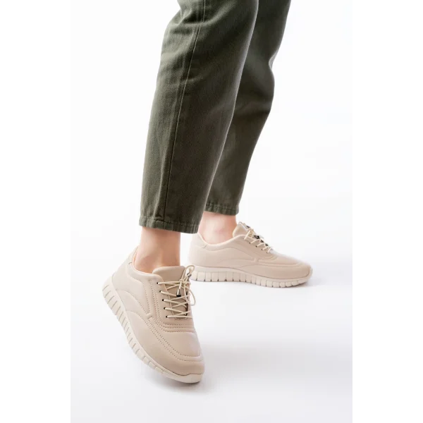 K-504 Bej Bağcıklı Desenli Günlük Spor Ayakkabı