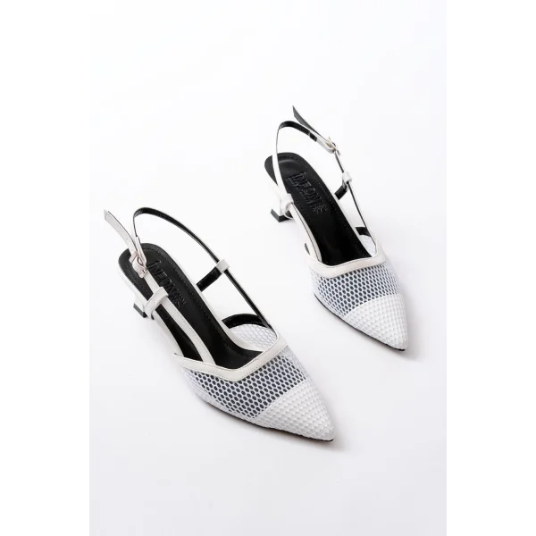K-607 Beyaz Günlük Fileli Arkası Açık 7 cm Topuklu Bayan Ayakkabı