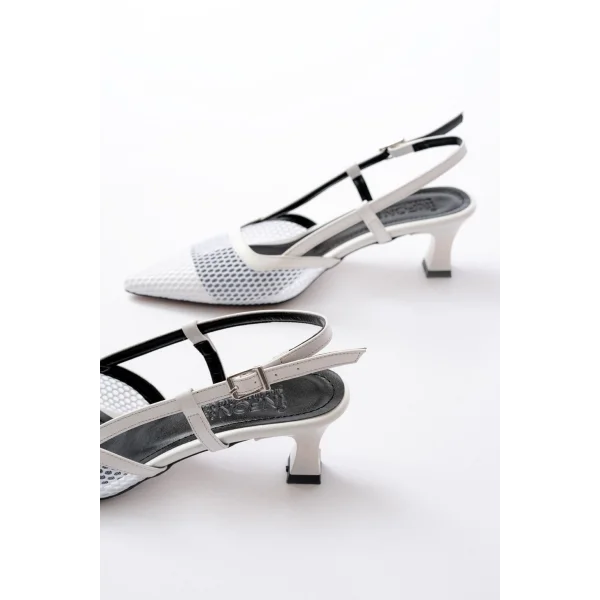 K-607 Beyaz Günlük Fileli Arkası Açık 7 cm Topuklu Bayan Ayakkabı