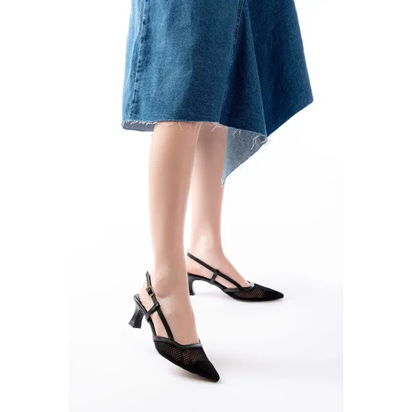 K-607 Siyah Günlük Fileli Arkası Açık 7 cm Topuklu Bayan Ayakkabı