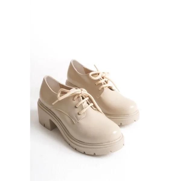 K-707 Bej Kırışık Rugan Yüksek Tabanlı Bağcıklı  Loafer Ayakkabı