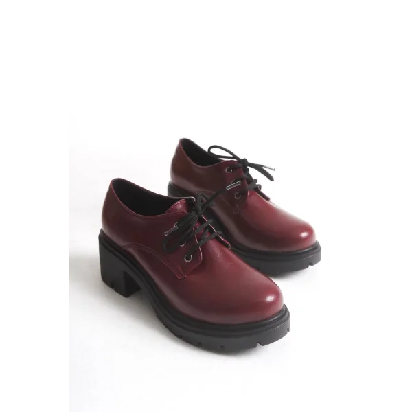 K-707 Bordo Kırışık Rugan Yüksek Tabanlı Bağcıklı  Loafer Ayakkabı