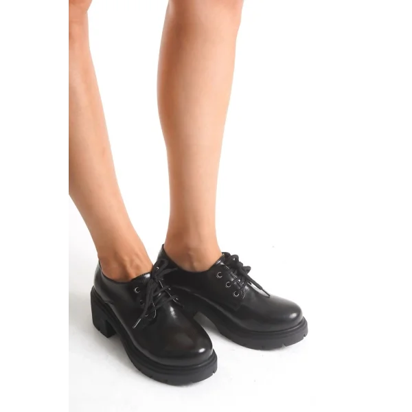 K-707 Siyah Kırışık Rugan Yüksek Tabanlı Bağcıklı  Loafer Ayakkabı