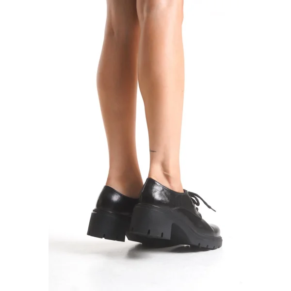 K-707 Siyah Kırışık Rugan Yüksek Tabanlı Bağcıklı  Loafer Ayakkabı