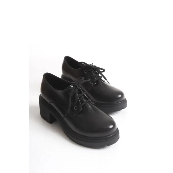 K-707 Siyah Kırışık Rugan Yüksek Tabanlı Bağcıklı  Loafer Ayakkabı