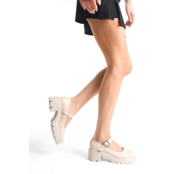 K-708 Bej Kırışık Rugan Tokalı Yüksek Tabanlı Loafer Ayakkabı