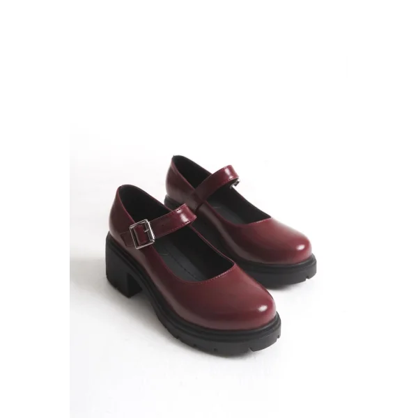 K-708 Bordo Kırışık Rugan Tokalı Yüksek Tabanlı Loafer Ayakkabı
