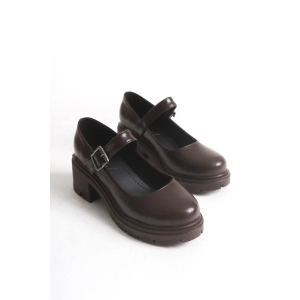 K-708 Kahve Kırışık Rugan Tokalı Yüksek Tabanlı Loafer Ayakkabı