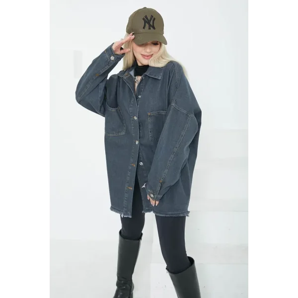 Kadın Çift Cepli Püskül Detay Kot Ceket