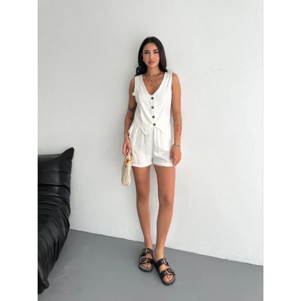 Kadın keten şort yelek takım s3461