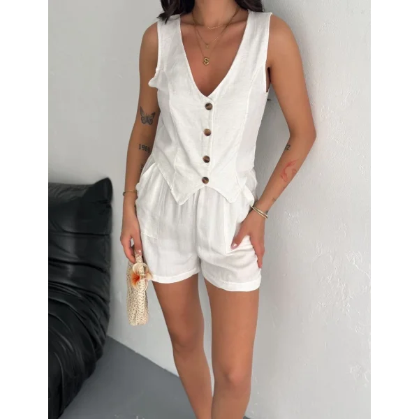 Kadın keten şort yelek takım s3461