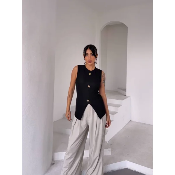 Kadın siyah bisiklet yaka gold düğmeli ottoman bluz s2310